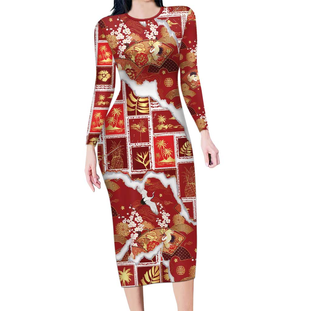 Hawaii Japanese Culture Red Family Matching Long Sleeve Bodycon Dress and Hawaiian Shirt Spring Cranes Aloha Pattern LT01 Mom's Dress Red - Polynesian Pride