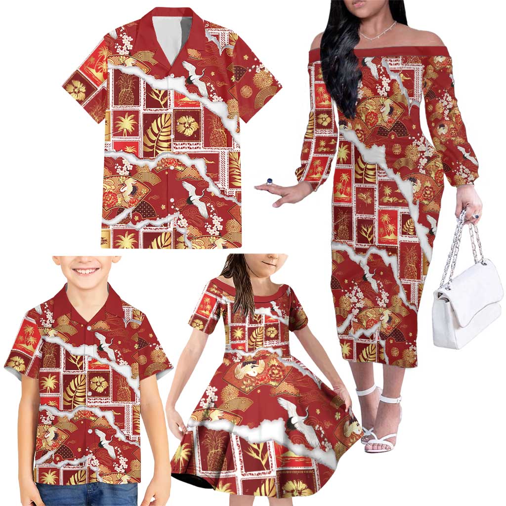 Hawaii Japanese Culture Red Family Matching Off The Shoulder Long Sleeve Dress and Hawaiian Shirt Spring Cranes Aloha Pattern