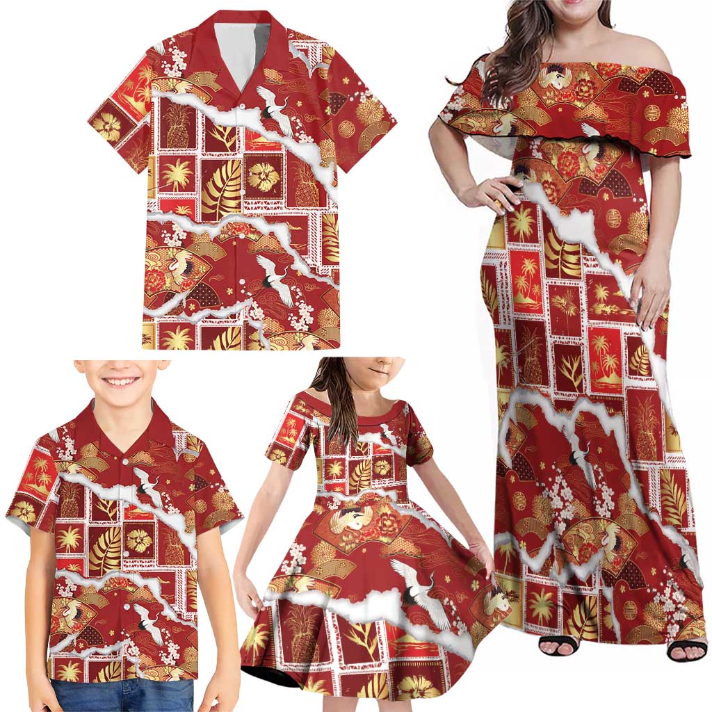 Hawaii Japanese Culture Red Family Matching Off Shoulder Maxi Dress and Hawaiian Shirt Spring Cranes Aloha Pattern