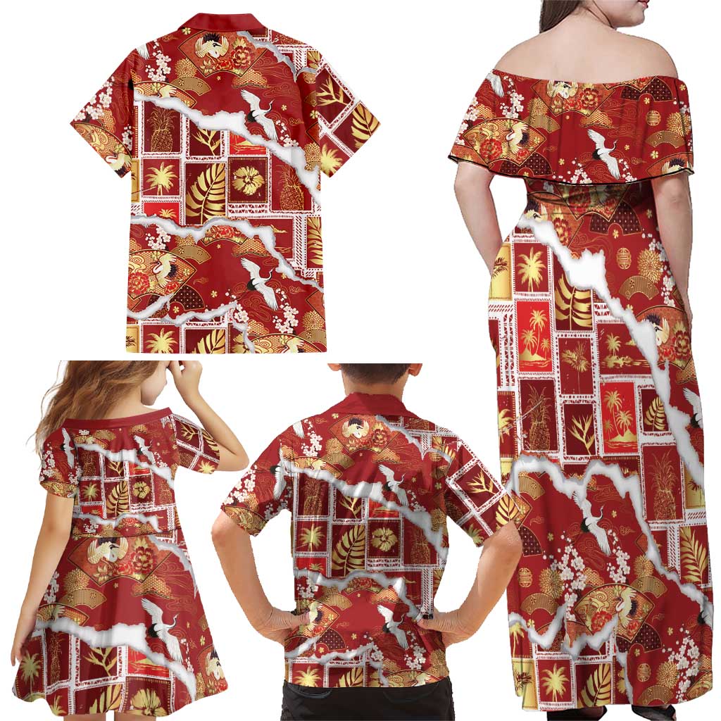 Hawaii Japanese Culture Red Family Matching Off Shoulder Maxi Dress and Hawaiian Shirt Spring Cranes Aloha Pattern