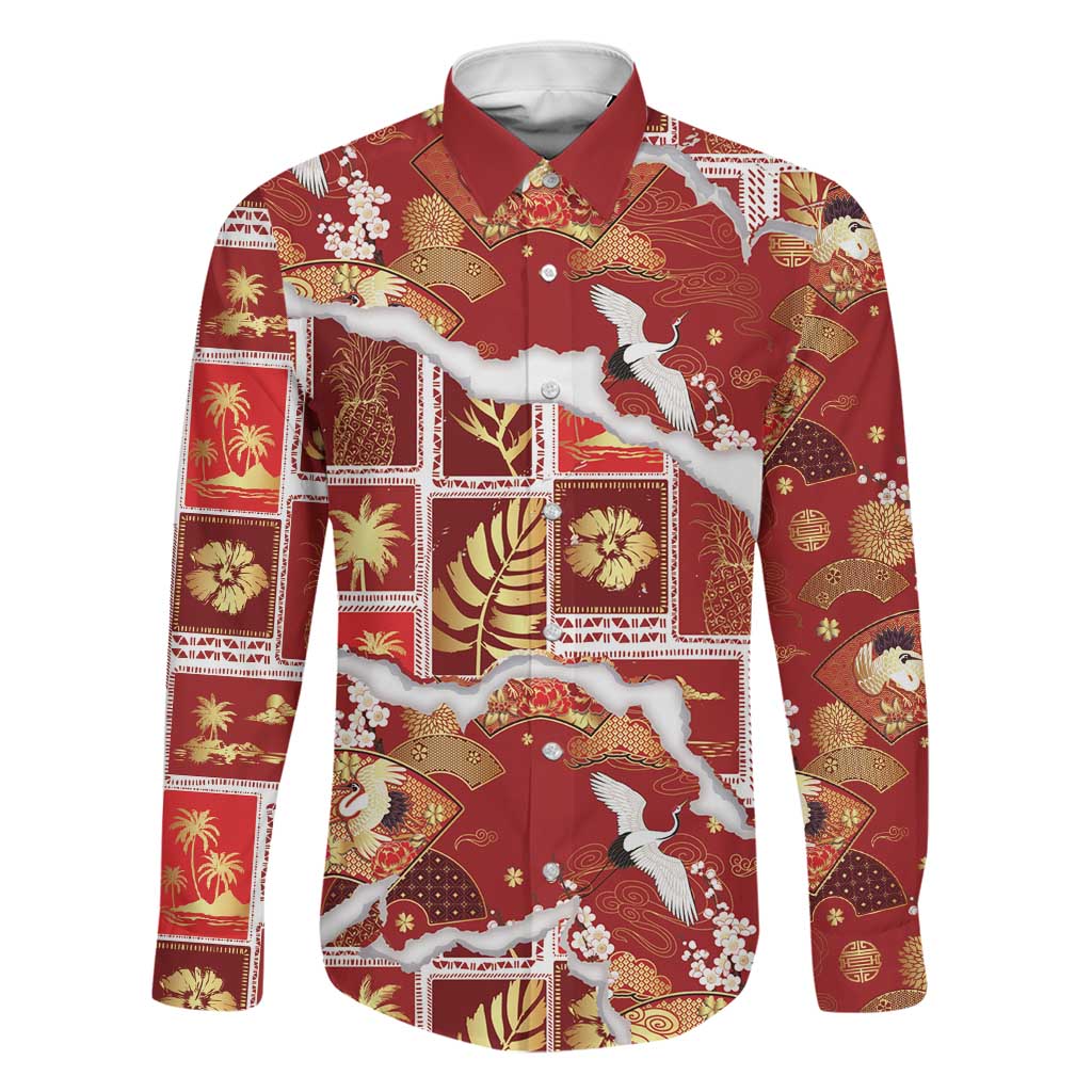 Hawaii Japanese Culture Red Family Matching Off Shoulder Maxi Dress and Hawaiian Shirt Spring Cranes Aloha Pattern