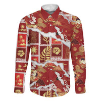 Hawaii Japanese Culture Red Family Matching Off Shoulder Maxi Dress and Hawaiian Shirt Spring Cranes Aloha Pattern