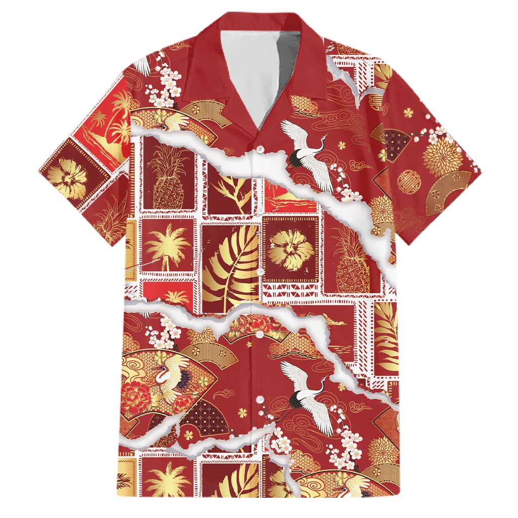 Hawaii Japanese Culture Red Family Matching Off Shoulder Short Dress and Hawaiian Shirt Spring Cranes Aloha Pattern