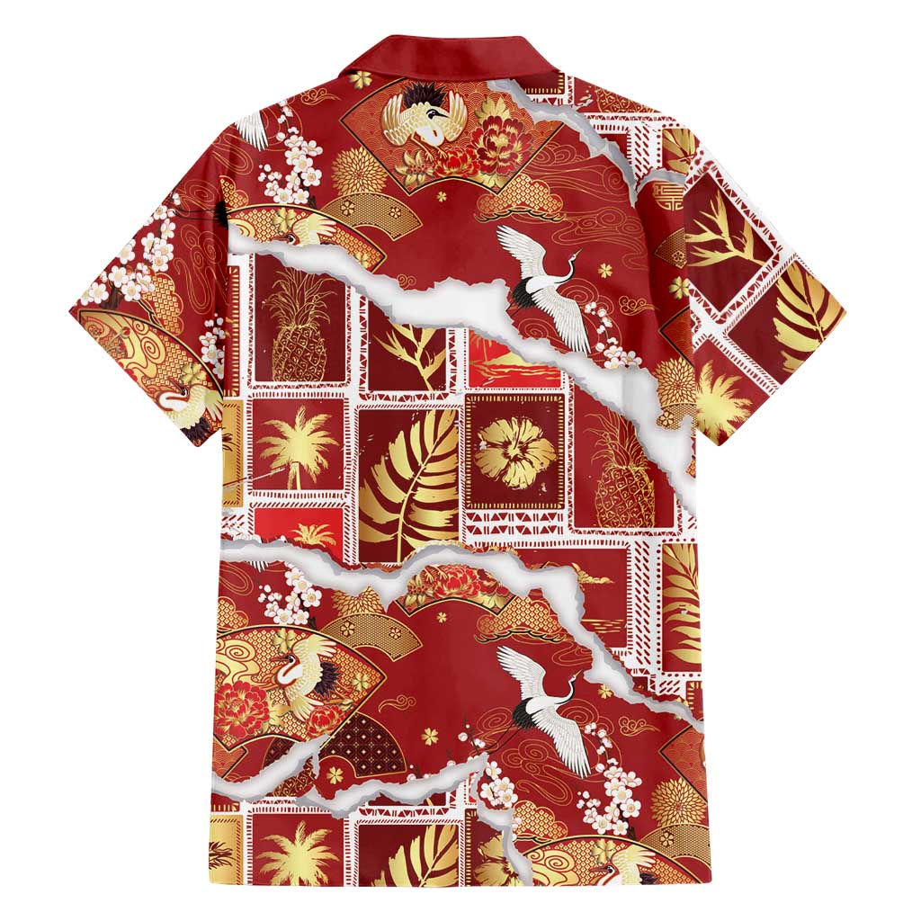 Hawaii Japanese Culture Red Family Matching Off Shoulder Short Dress and Hawaiian Shirt Spring Cranes Aloha Pattern