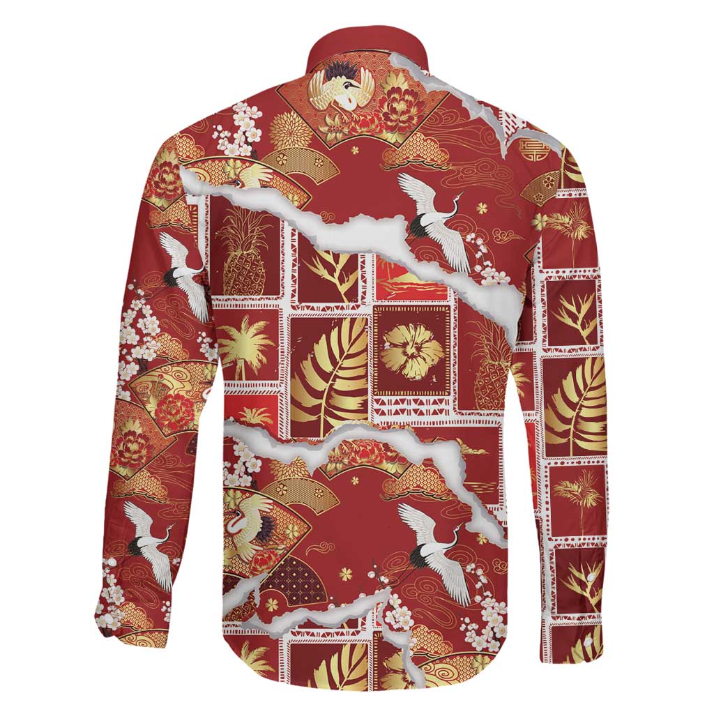 Hawaii Japanese Culture Red Family Matching Off Shoulder Short Dress and Hawaiian Shirt Spring Cranes Aloha Pattern