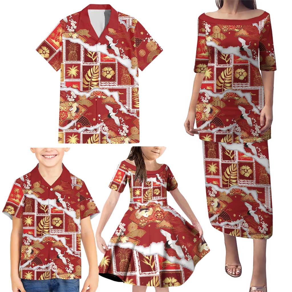 Hawaii Japanese Culture Red Family Matching Puletasi and Hawaiian Shirt Spring Cranes Aloha Pattern