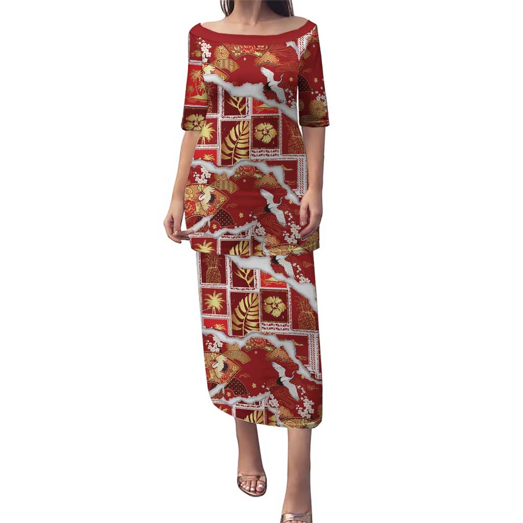 Hawaii Japanese Culture Red Family Matching Puletasi and Hawaiian Shirt Spring Cranes Aloha Pattern