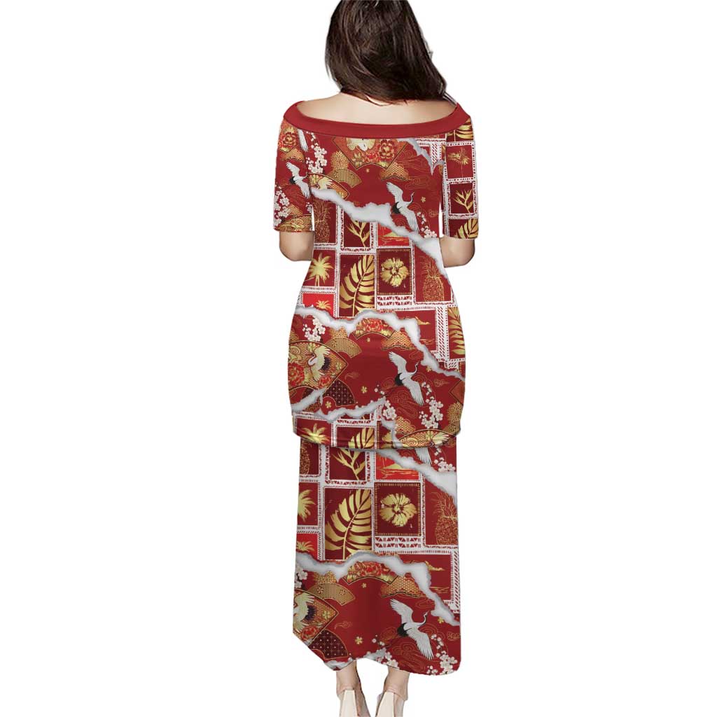Hawaii Japanese Culture Red Family Matching Puletasi and Hawaiian Shirt Spring Cranes Aloha Pattern