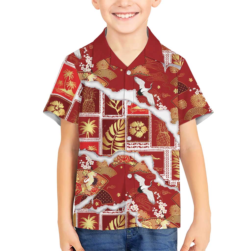 Hawaii Japanese Culture Red Family Matching Summer Maxi Dress and Hawaiian Shirt Spring Cranes Aloha Pattern