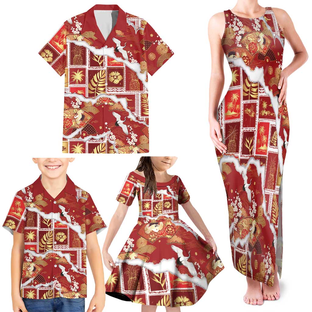 Hawaii Japanese Culture Red Family Matching Tank Maxi Dress and Hawaiian Shirt Spring Cranes Aloha Pattern