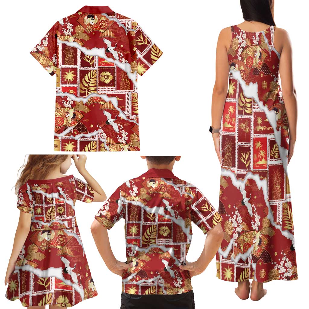 Hawaii Japanese Culture Red Family Matching Tank Maxi Dress and Hawaiian Shirt Spring Cranes Aloha Pattern LT01 - Polynesian Pride