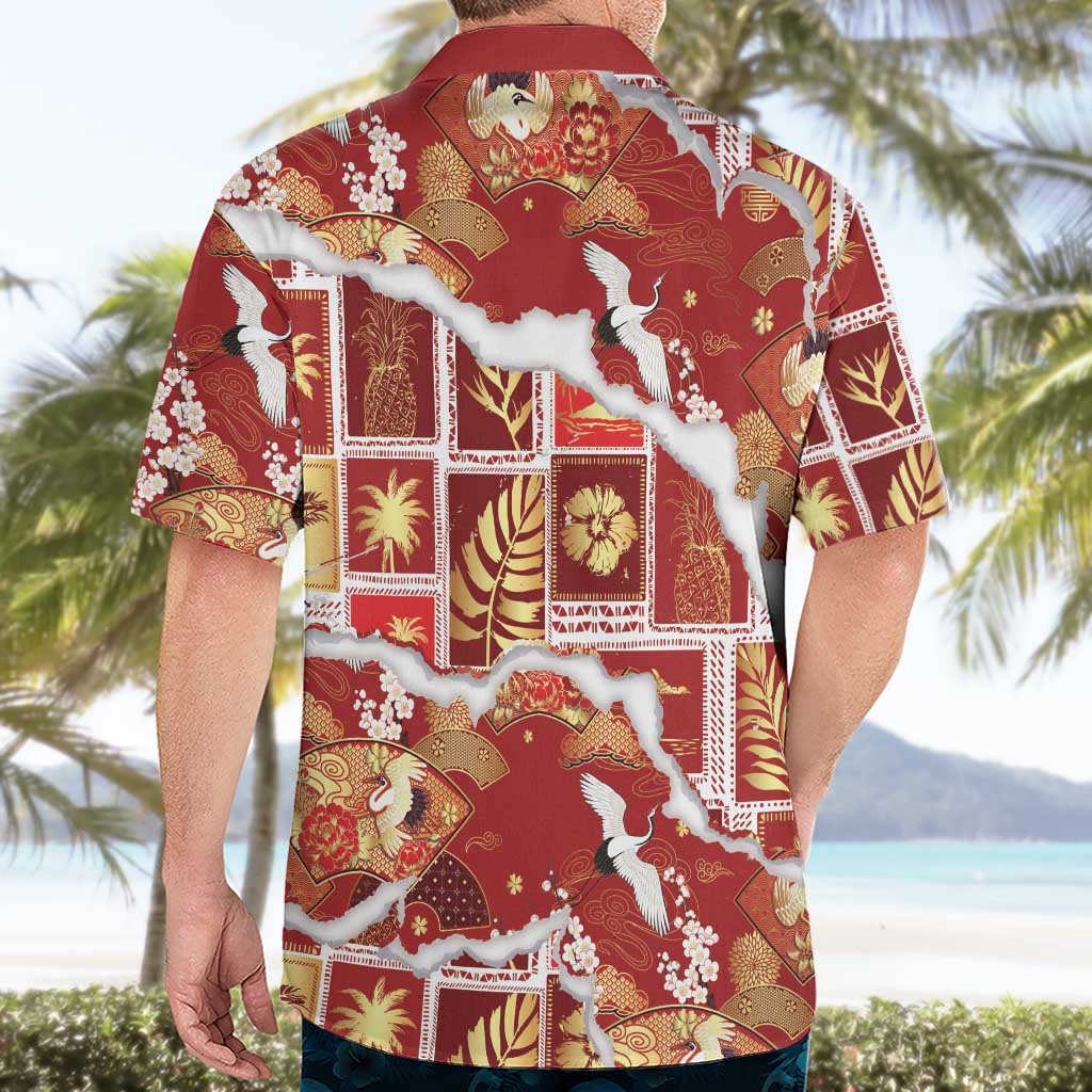 Hawaii Japanese Culture Red Hawaiian Shirt Spring Cranes Aloha Pattern