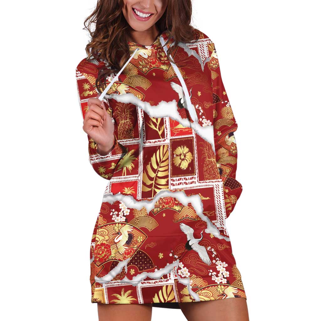 Hawaii Japanese Culture Red Hoodie Dress Spring Cranes Aloha Pattern
