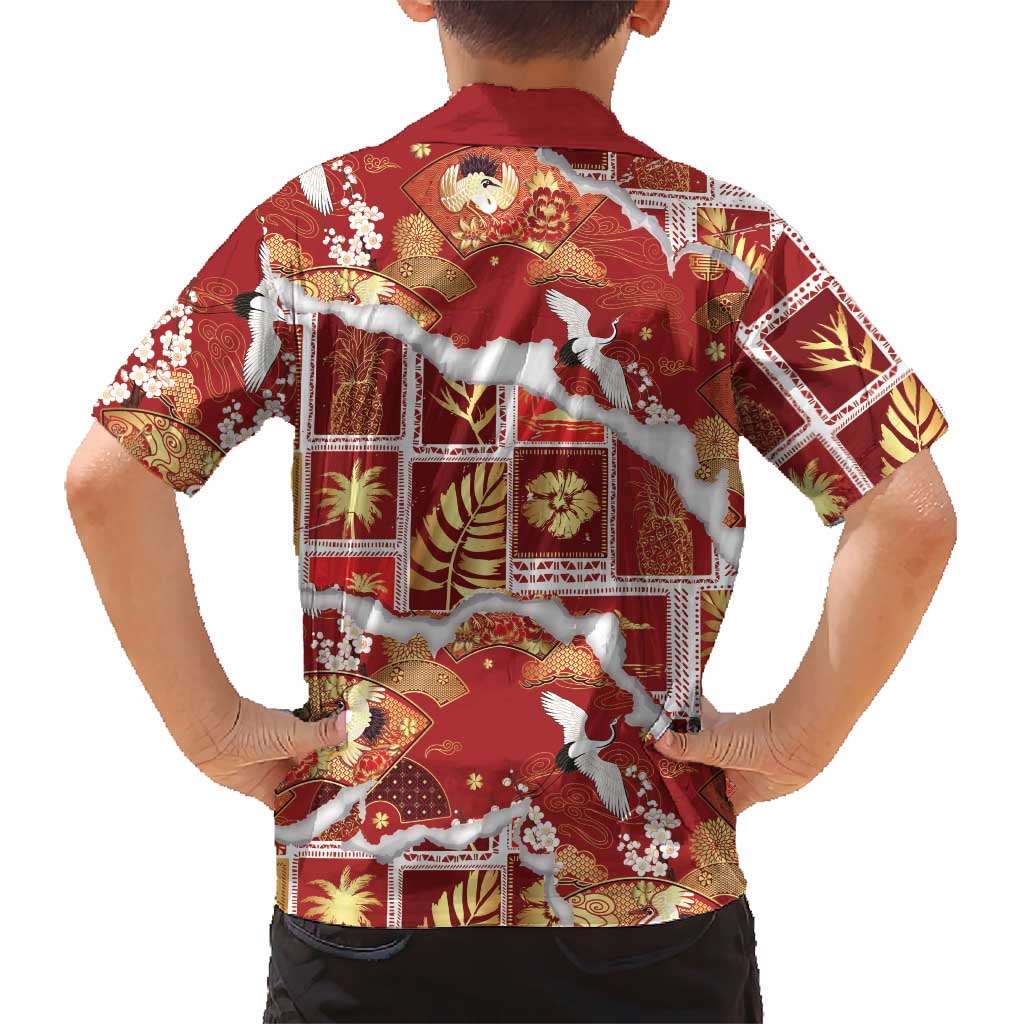 Hawaii Japanese Culture Red Kid Hawaiian Shirt Spring Cranes Aloha Pattern