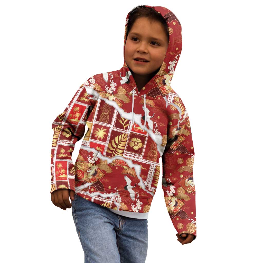 Hawaii Japanese Culture Red Kid Hoodie Spring Cranes Aloha Pattern