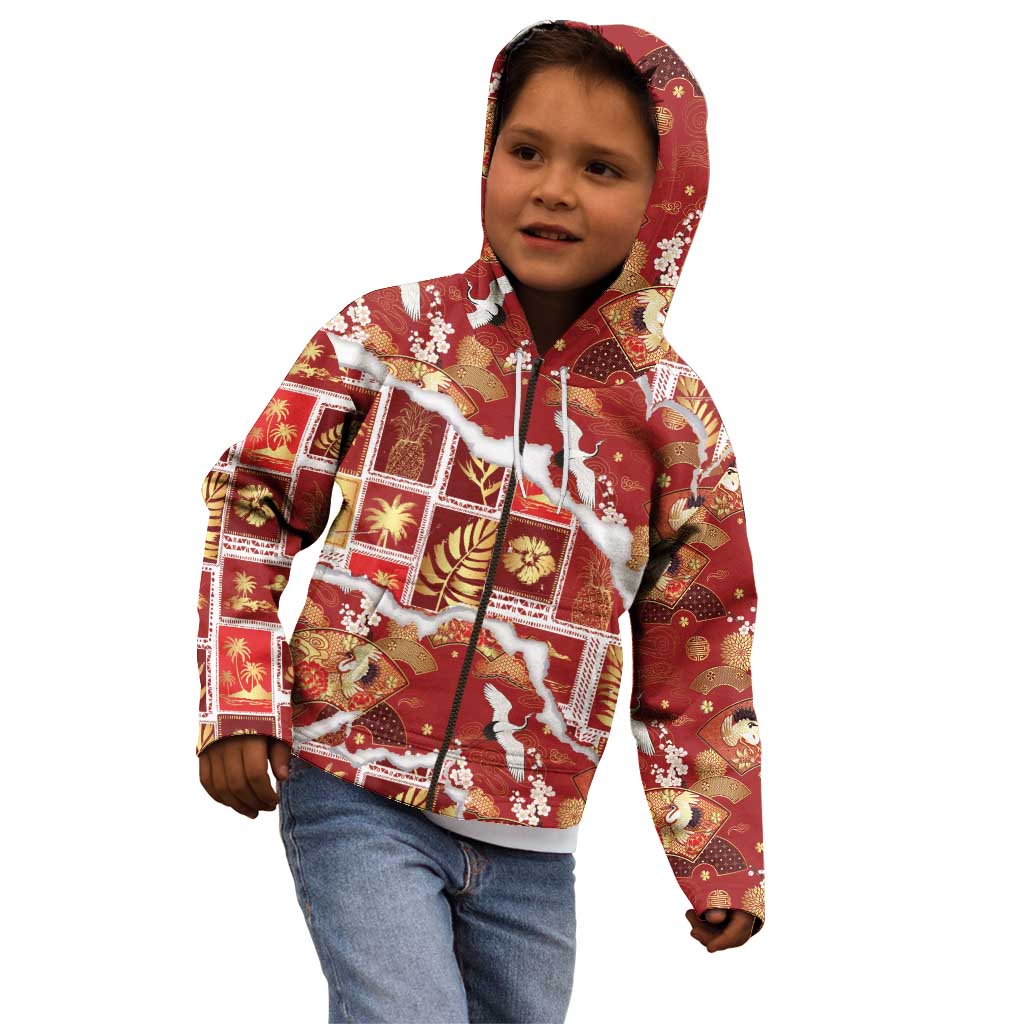Hawaii Japanese Culture Red Kid Hoodie Spring Cranes Aloha Pattern