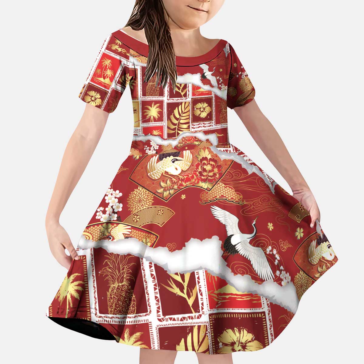 Hawaii Japanese Culture Red Kid Short Sleeve Dress Spring Cranes Aloha Pattern