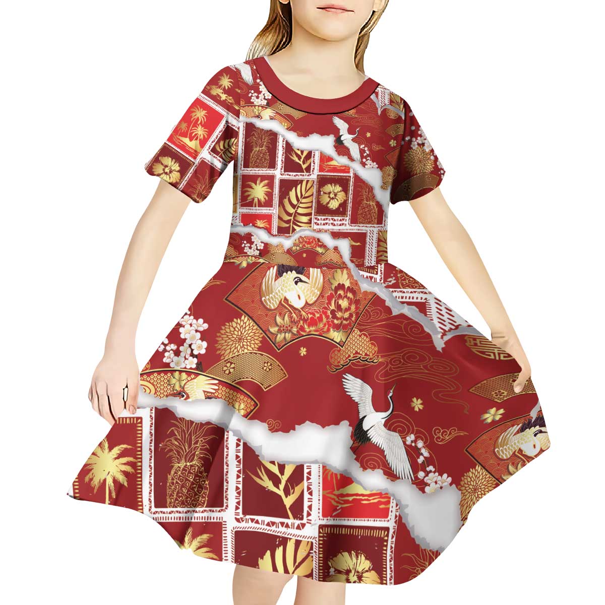 Hawaii Japanese Culture Red Kid Short Sleeve Dress Spring Cranes Aloha Pattern