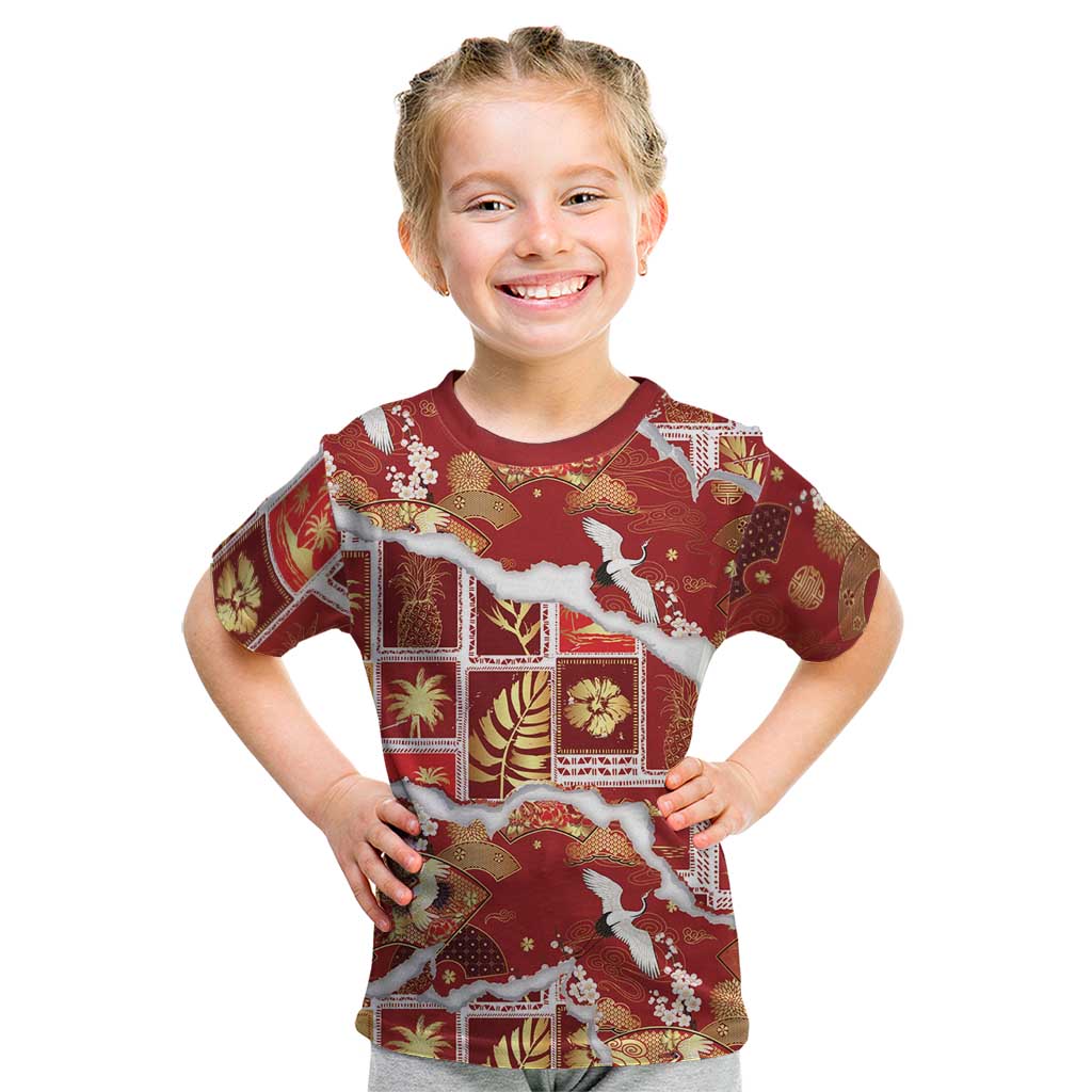 Hawaii Japanese Culture Red Kid T Shirt Spring Cranes Aloha Pattern