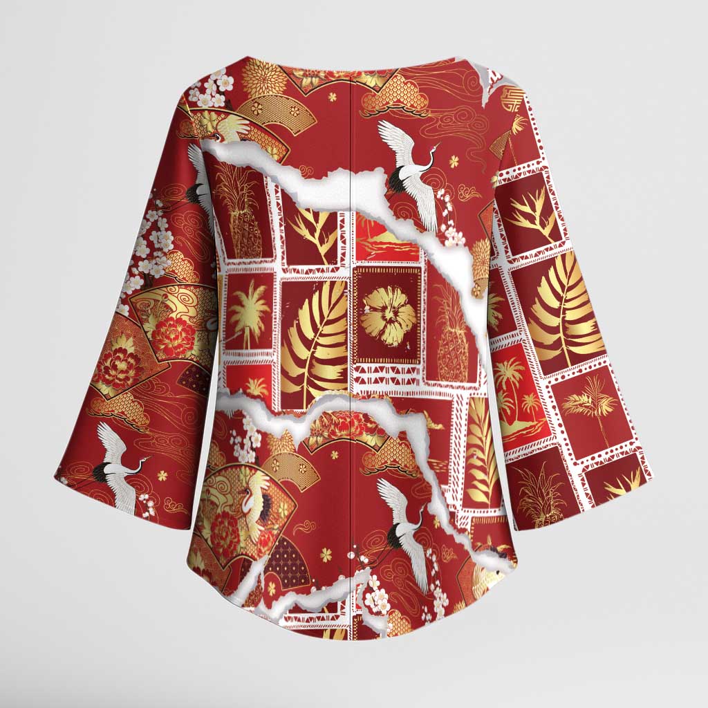 Hawaii Japanese Culture Red Kimono Sleeve Blouse Spring Cranes Aloha Pattern