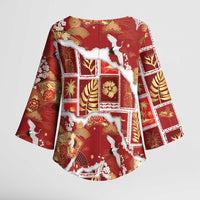 Hawaii Japanese Culture Red Kimono Sleeve Blouse Spring Cranes Aloha Pattern