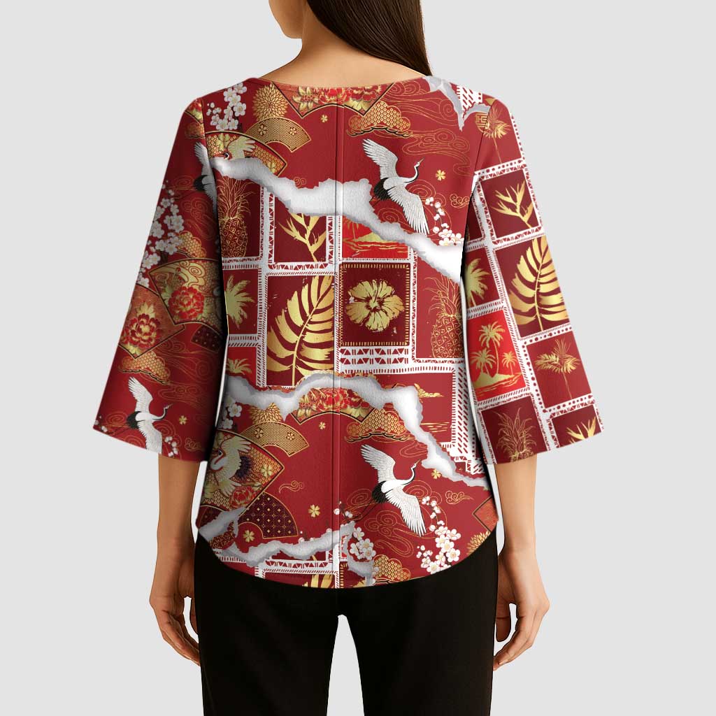 Hawaii Japanese Culture Red Kimono Sleeve Blouse Spring Cranes Aloha Pattern