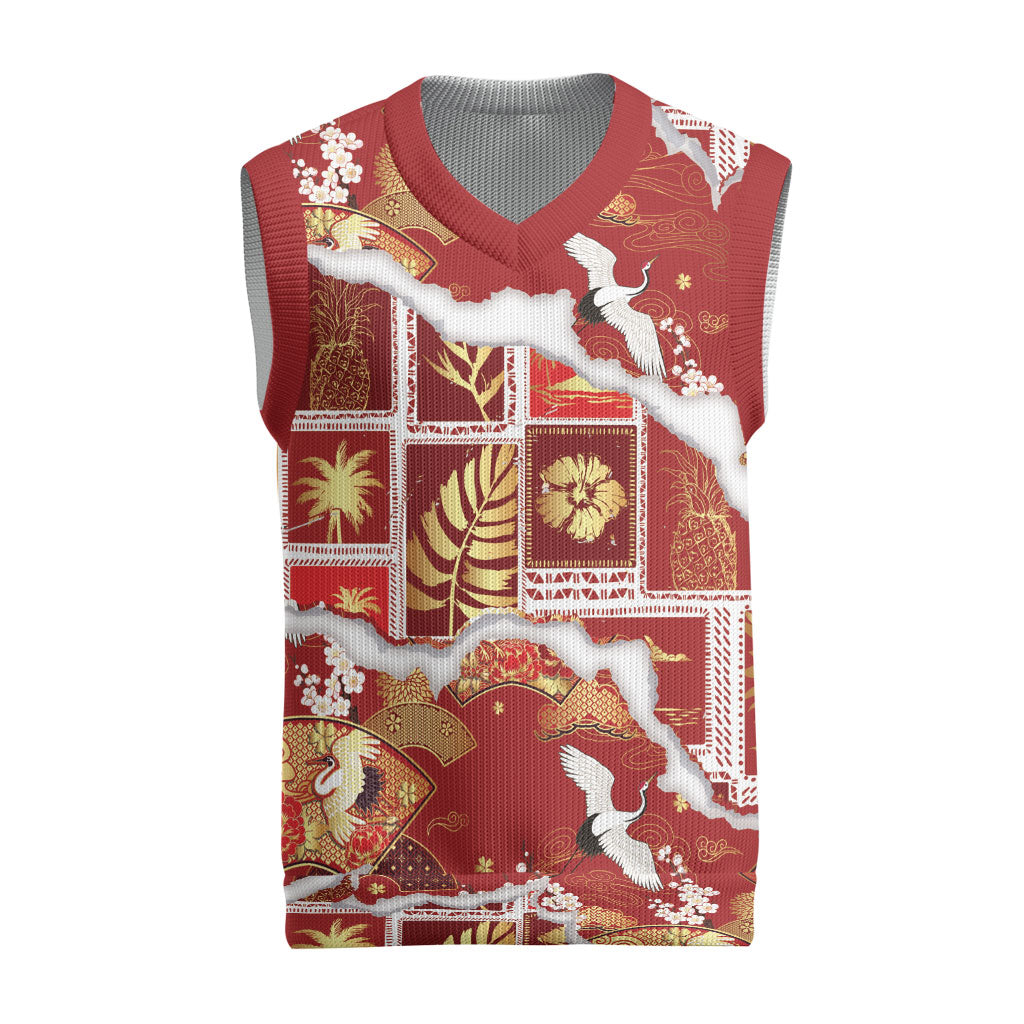 Hawaii Japanese Culture Red Christmas Knitted V-Neck Vest Spring Cranes Aloha Pattern LT01 Red - Polynesian Pride