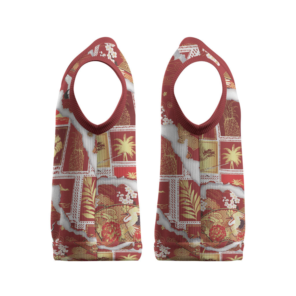 Hawaii Japanese Culture Red Christmas Knitted V-Neck Vest Spring Cranes Aloha Pattern LT01 - Polynesian Pride