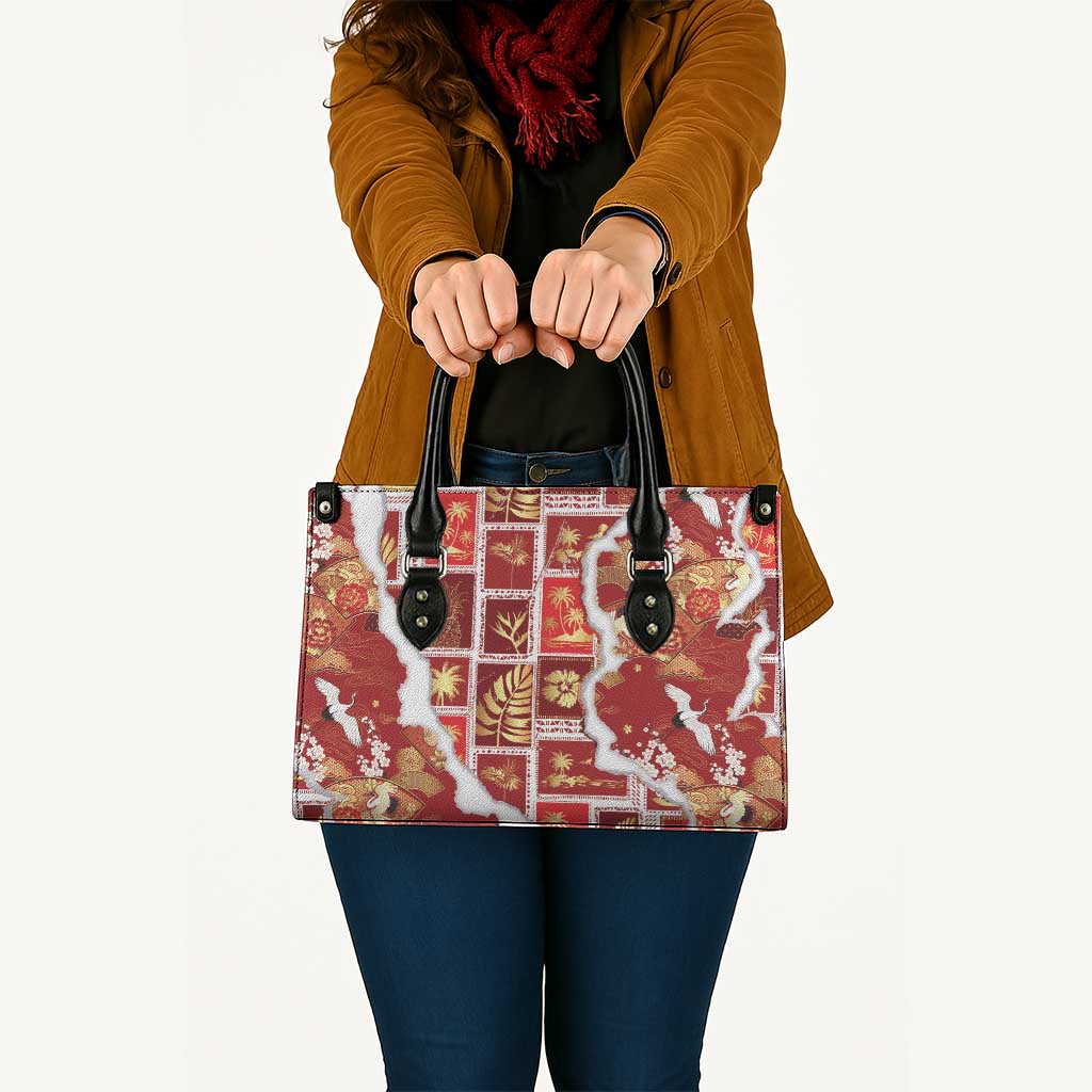 Hawaii Japanese Culture Red Leather Bag Spring Cranes Aloha Pattern