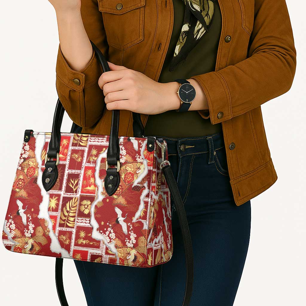 Hawaii Japanese Culture Red Leather Bag Spring Cranes Aloha Pattern
