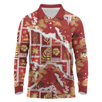 Hawaii Japanese Culture Red Long Sleeve Polo Shirt Spring Cranes Aloha Pattern