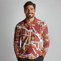Hawaii Japanese Culture Red Long Sleeve Polo Shirt Spring Cranes Aloha Pattern