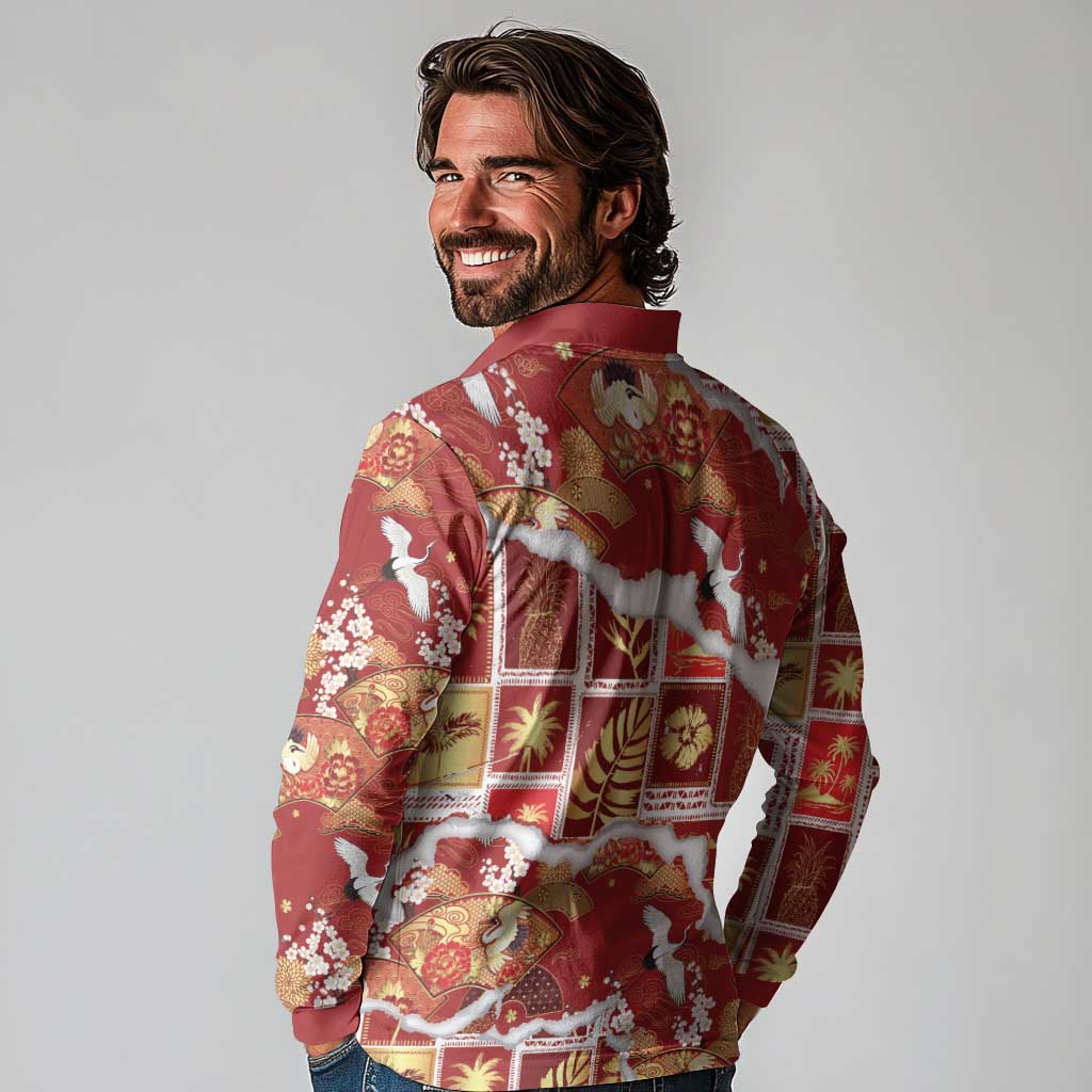 Hawaii Japanese Culture Red Long Sleeve Polo Shirt Spring Cranes Aloha Pattern