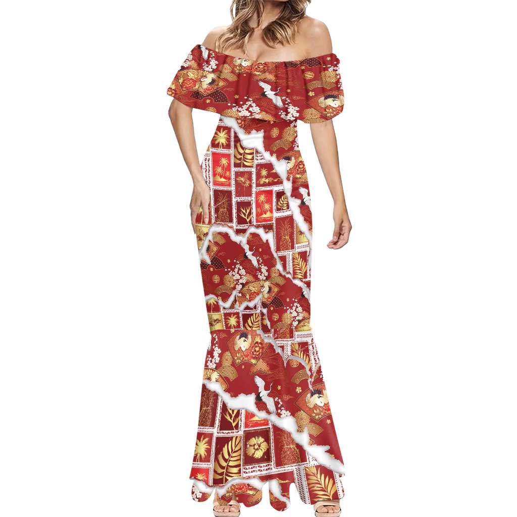 Hawaii Japanese Culture Red Mermaid Dress Spring Cranes Aloha Pattern