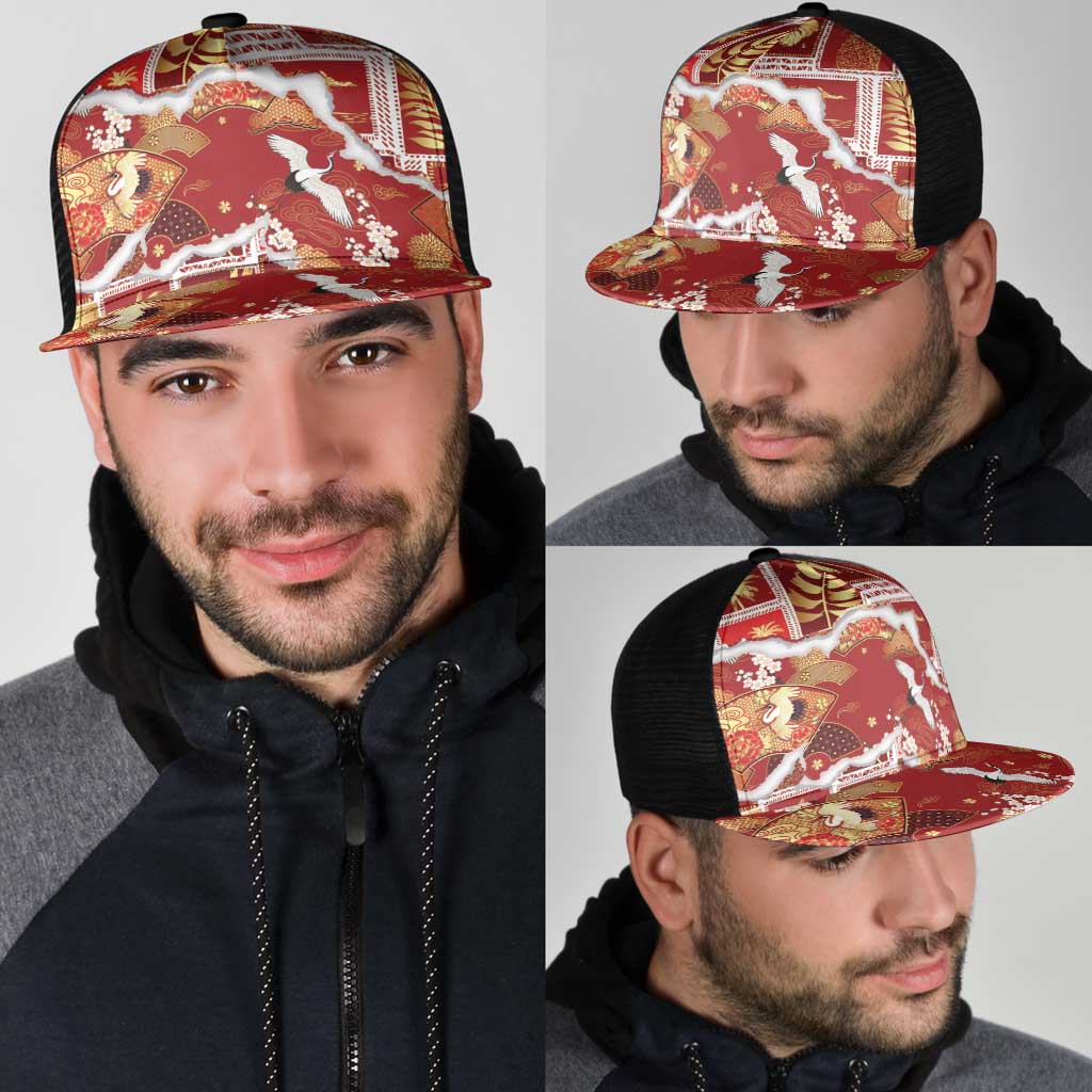 Hawaii Japanese Culture Red Mesh Trucker Cap Spring Cranes Aloha Pattern