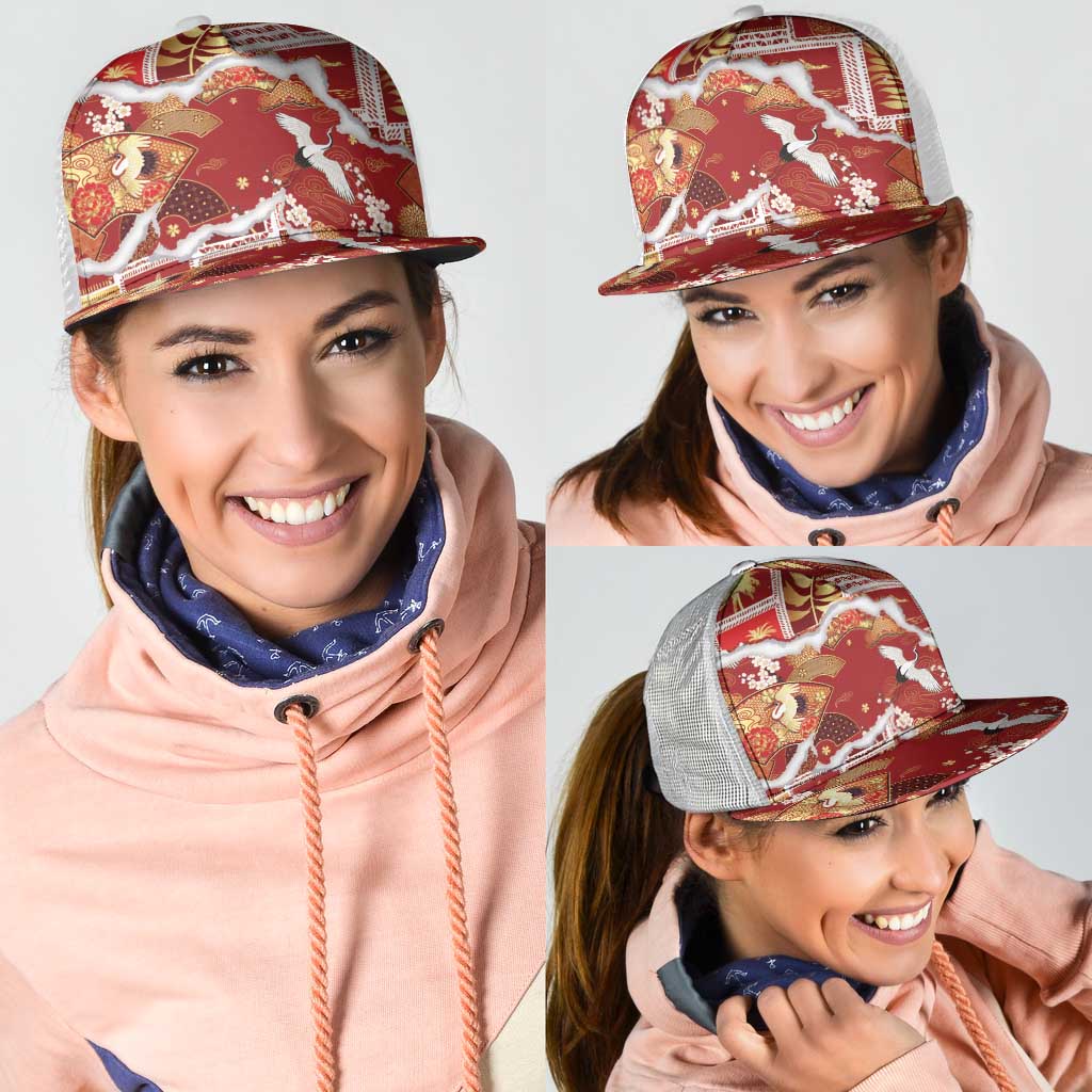 Hawaii Japanese Culture Red Mesh Trucker Cap Spring Cranes Aloha Pattern