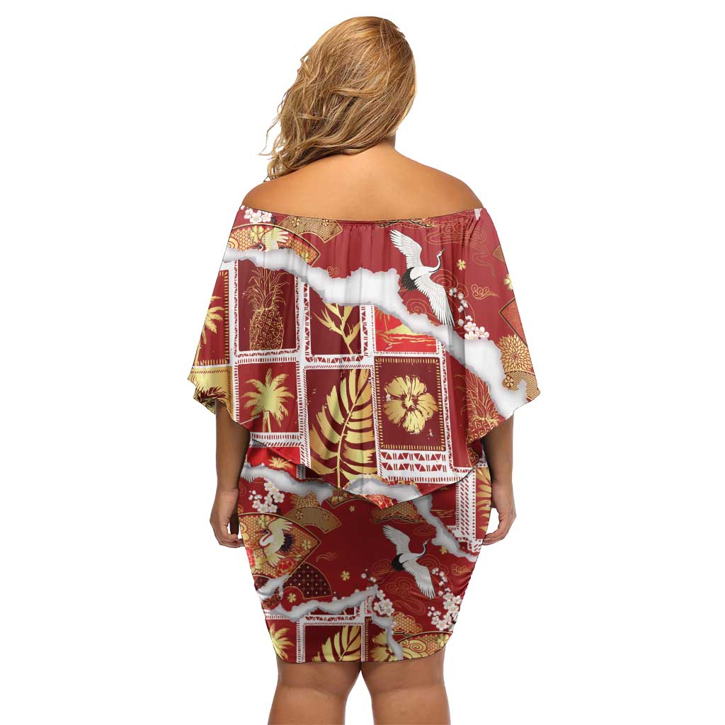 Hawaii Japanese Culture Red Off Shoulder Short Dress Spring Cranes Aloha Pattern