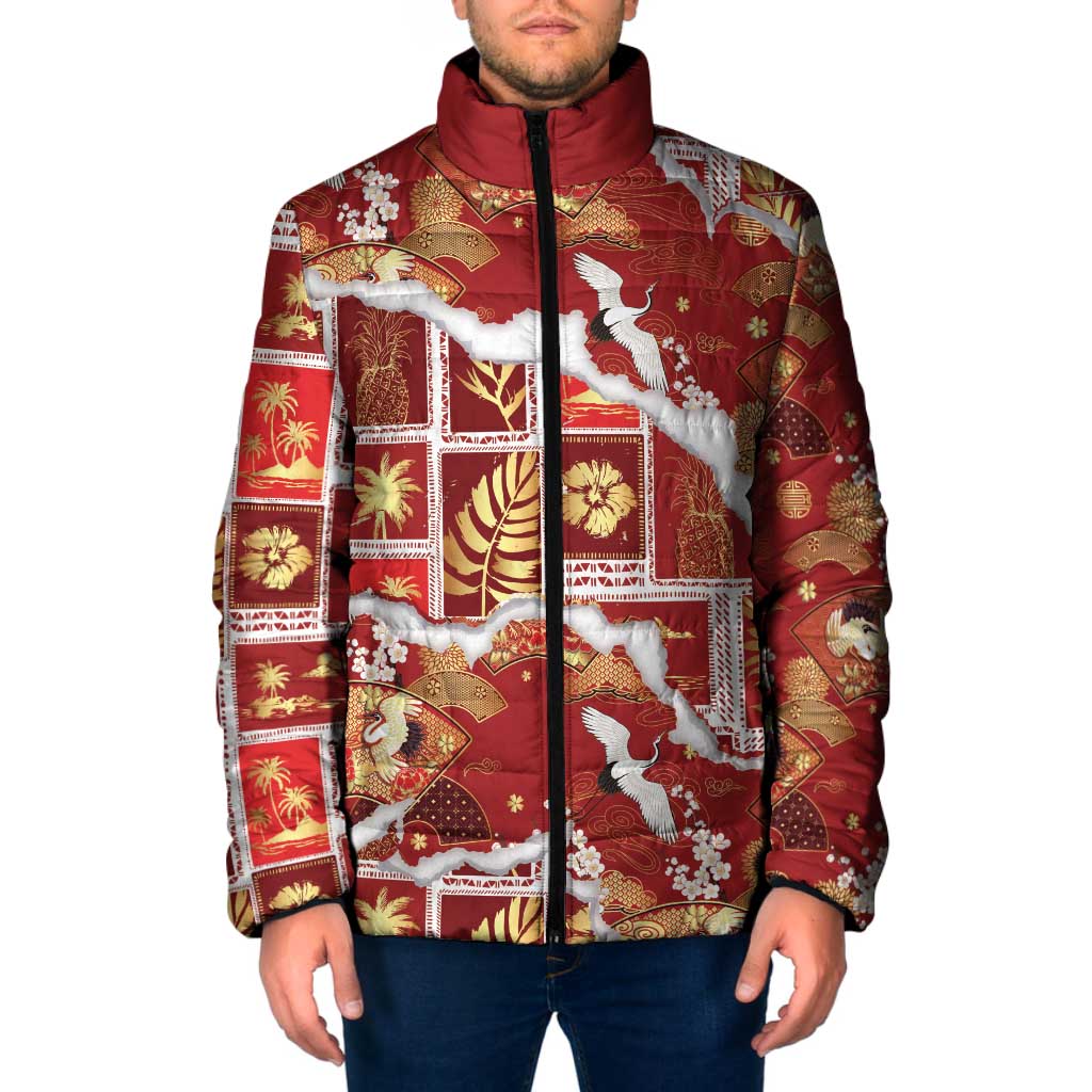 Hawaii Japanese Culture Red Padded Jacket Spring Cranes Aloha Pattern