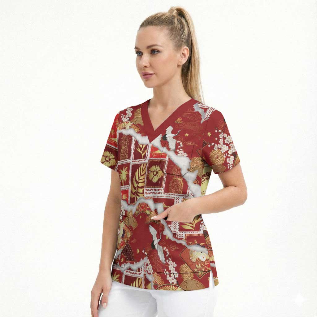 Hawaii Japanese Culture Red Scrub Top Spring Cranes Aloha Pattern