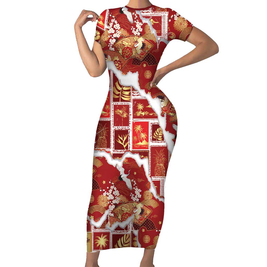 Hawaii Japanese Culture Red Short Sleeve Bodycon Dress Spring Cranes Aloha Pattern