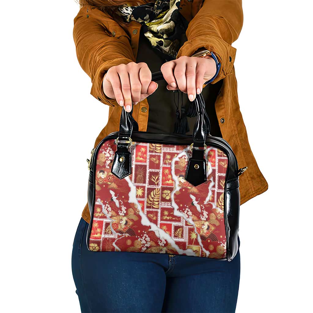 Hawaii Japanese Culture Red Shoulder Handbag Spring Cranes Aloha Pattern