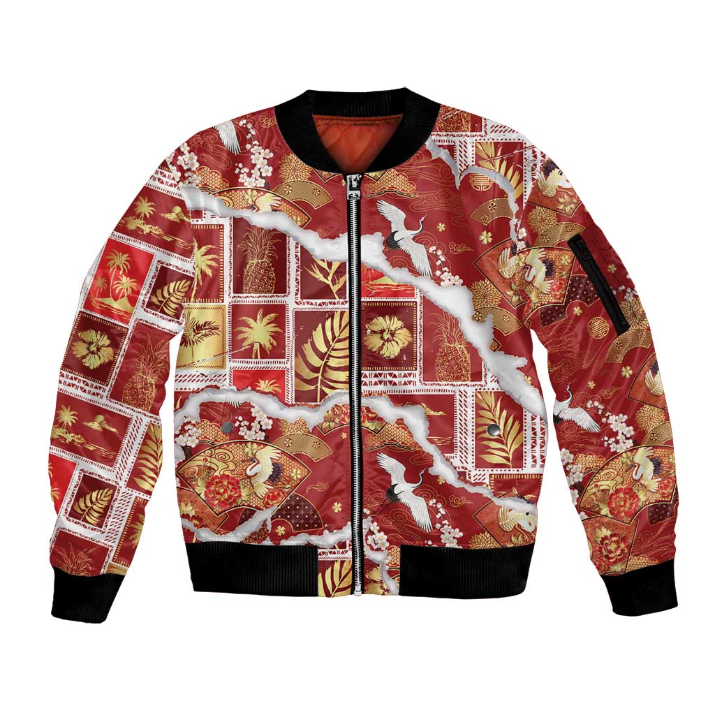 Hawaii Japanese Culture Red Sleeve Zip Bomber Jacket Spring Cranes Aloha Pattern
