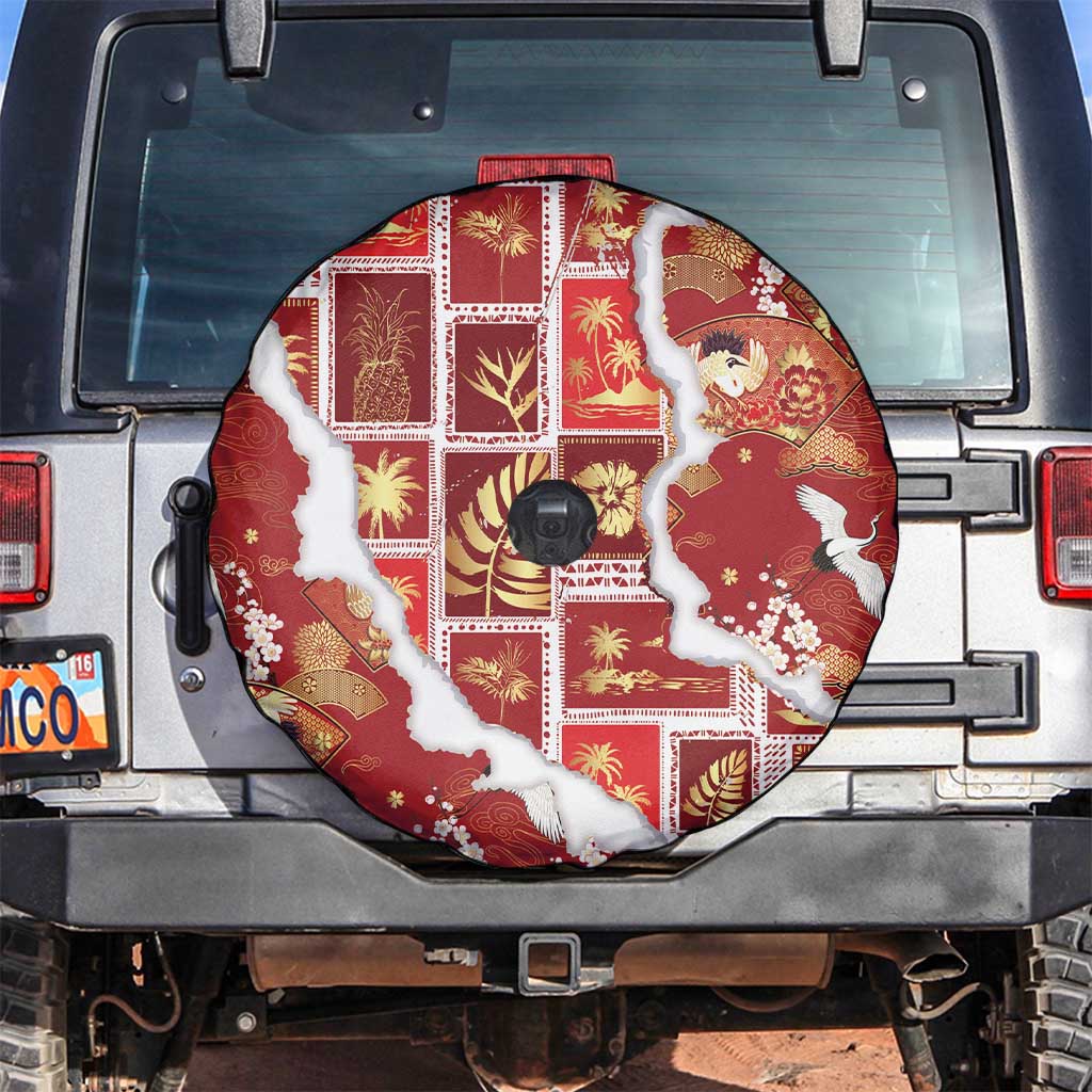 Hawaii Japanese Culture Red Spare Tire Cover Spring Cranes Aloha Pattern