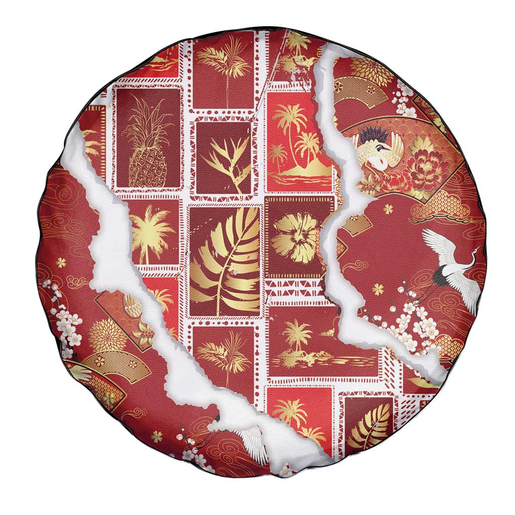 Hawaii Japanese Culture Red Spare Tire Cover Spring Cranes Aloha Pattern