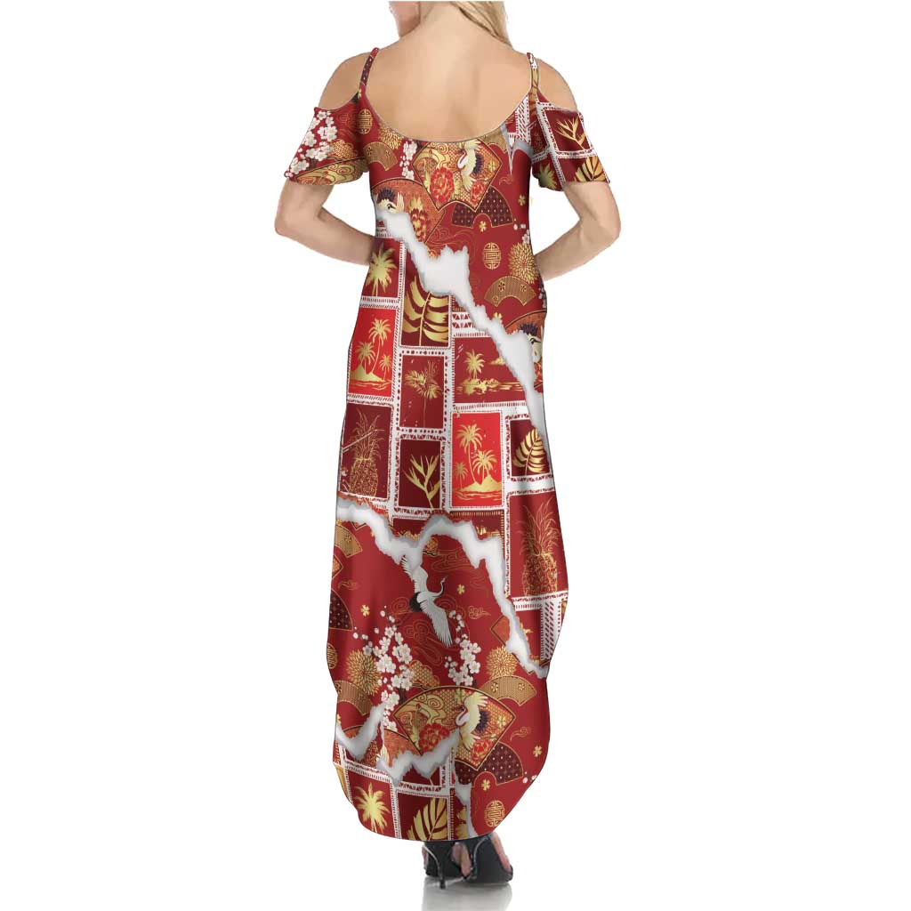 Hawaii Japanese Culture Red Summer Maxi Dress Spring Cranes Aloha Pattern