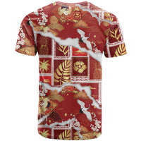 Hawaii Japanese Culture Red T Shirt Spring Cranes Aloha Pattern