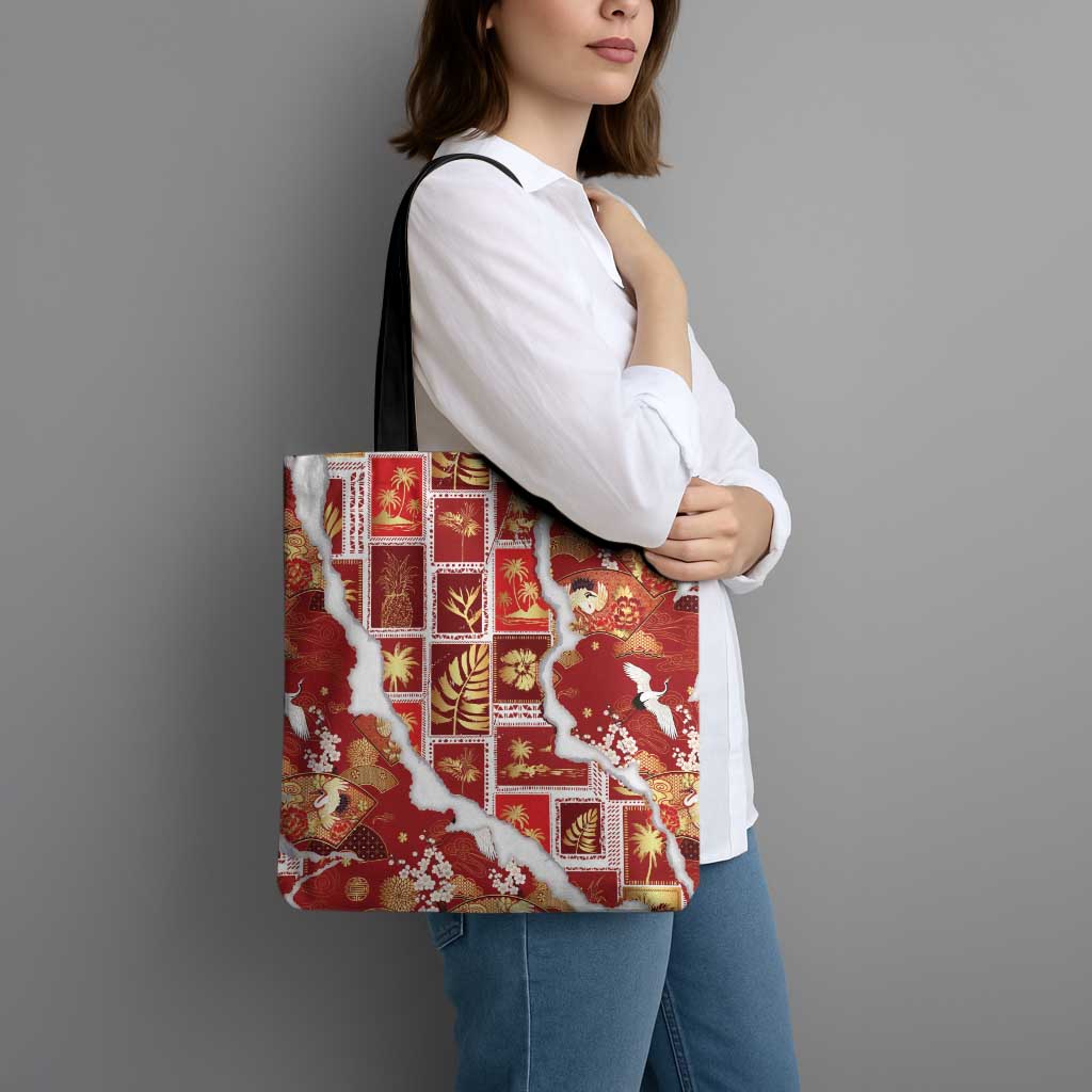 Hawaii Japanese Culture Red Tote Bag Spring Cranes Aloha Pattern
