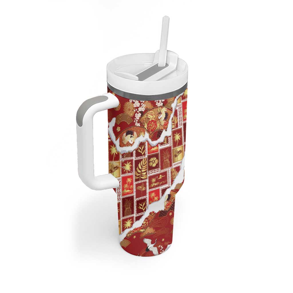 Hawaii Japanese Culture Red Tumbler With Handle Spring Cranes Aloha Pattern