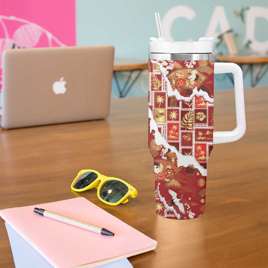Hawaii Japanese Culture Red Tumbler With Handle Spring Cranes Aloha Pattern