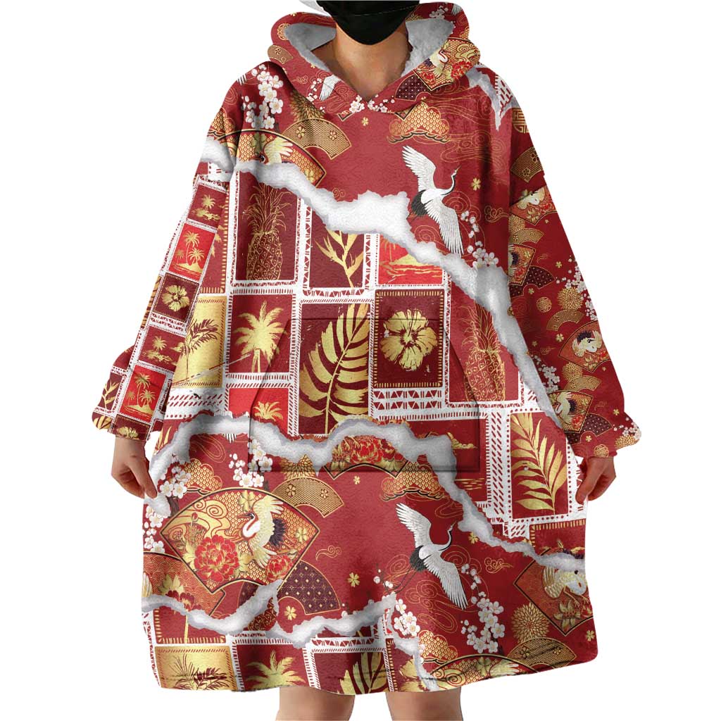 Hawaii Japanese Culture Red Wearable Blanket Hoodie Spring Cranes Aloha Pattern